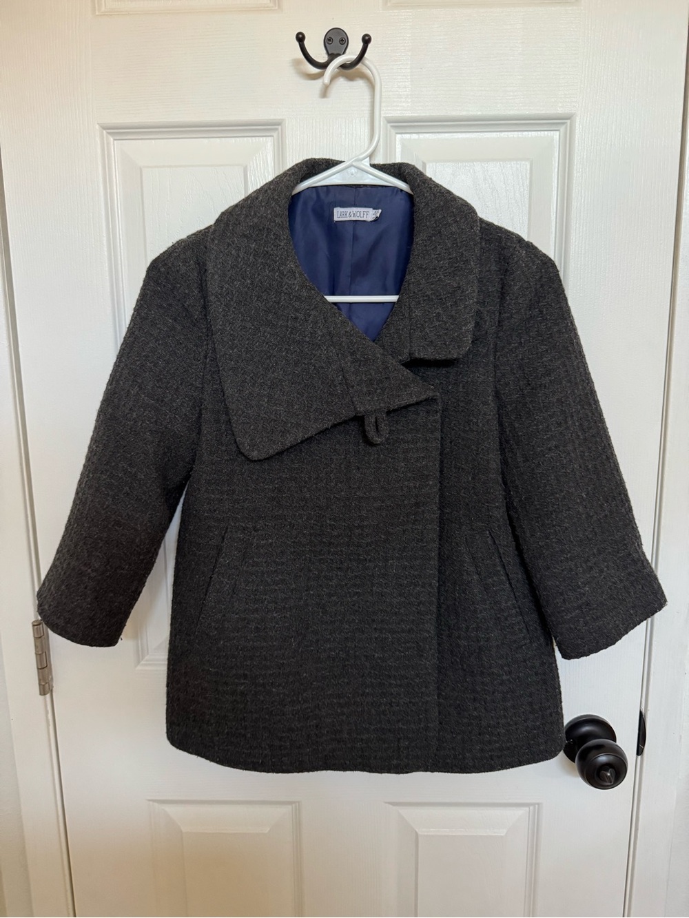 Lark & Wolff Dark Gray 3/4 Sleeve, Asymmetrical Cropped Peacoat Style Blazer